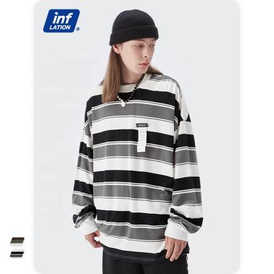 China QUICK DRY Custom Crew Neck Striped Korean Couples Long Sleeve T-shirt Contrast Striped Retro Unisex T-Shirts for sale