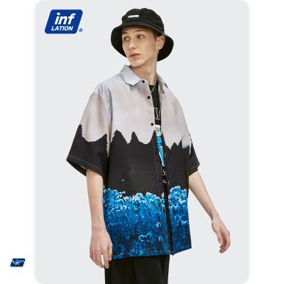 China OEM anti-shrink men's short-sleeved shirt new personality loose scenery abstract printing lapel male shirt for sale