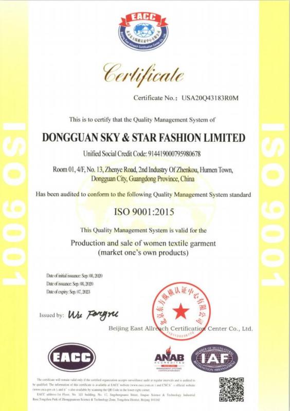 ISO9001 - Dongguan Sky & Star Fashion Co., Ltd.