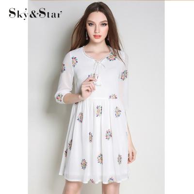 China Anti-Static Tie Front Half Sleeve White Printed Chiffon Mini Dress For Woman for sale