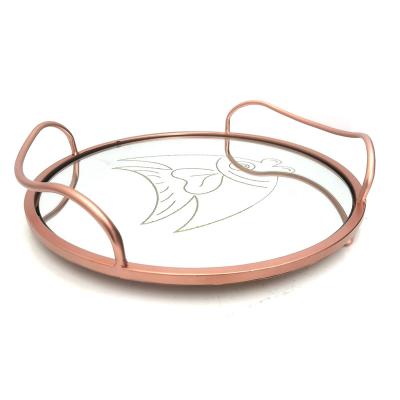 China Storage Around Modern Luxury Rose Gold Iron Metal Mirror Storage Serving Serving Tray Decorative for sale