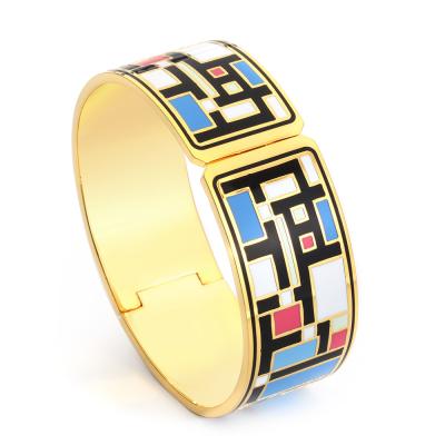 China TRENDY Fashion Can Open Bangle For Women Gold Enamel Pattern Cuff Bangles Geometric Colorful Bangle Wedding Jewelry Wholesale for sale