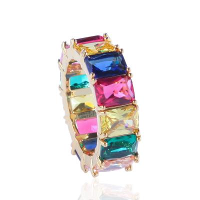 China Colorful Hiphop Rainbow Zircon Rings Hip Hop CZ Stone Rings Gold Silver Plated Copper Rings for sale