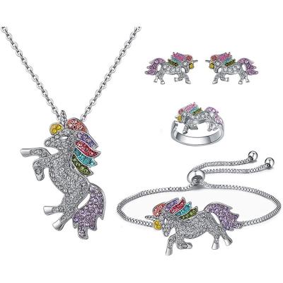 China Cute Unicorn Necklace Rainbow Unicorn Necklace Bracelet Earring Ring Jewelry Set for Girls for sale