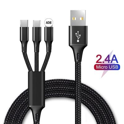 China 2.1A New Fast Charging 3 in 1 USB Nylon Braid Cable For iPhone XS Max XR X 8 7 6 Charger Micro USB Type C Cable For Samsung Charging Wire Cord 3in1 for sale