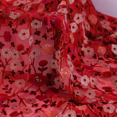 China Organic Wonderful Popular Silk Velvet Fabrics Burnout Nice Red Color Flowers For Garment Fabric Dress Dress for sale