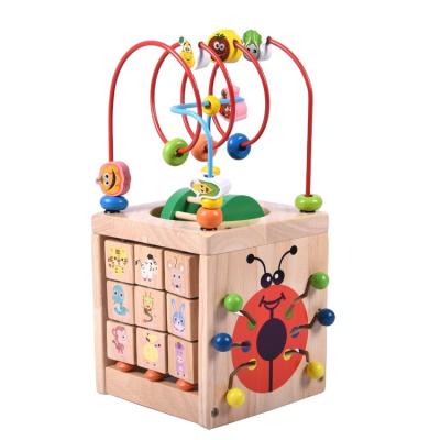 China Educational Multi-Function Four-sided Wooden Beaded Stand Baby Toy Children's Beetle Treasure Box Calculation Toy for sale