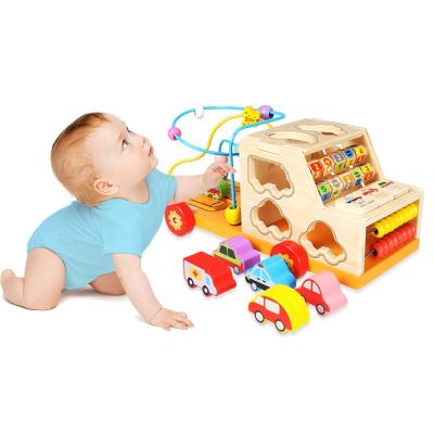 China Early Education Intelligence Car Multi-Function Wooden Learning Treasure Chest Children Puzzle Round Beaded Shape Matching Toy for sale