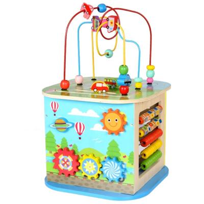 China Preschool Eductional Toys Children's Multifunctional 4-Side Educational Wooden Treasure Box Round Bead Children Toys for sale