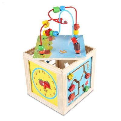 China DIY TOY Multi-Function Flower and Bird Spool Bead Maze Cube Wooden Round Bead Baby Toy for sale