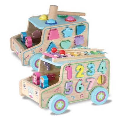 China Multifunctional Wooden Moving Assorted Building Block Toy Car BLLN-3546 Intelligence Box Math Educational Shape Trailer Puzzle for sale