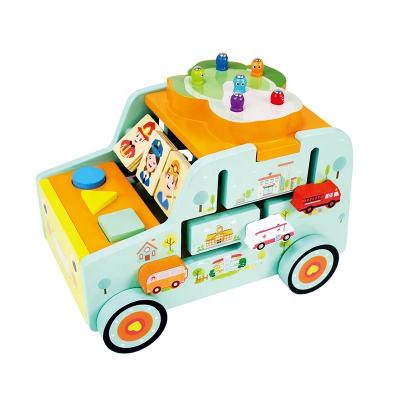 China Educational math shape worm gear clock wooden multifunctional beading assorted block toy catch car for sale