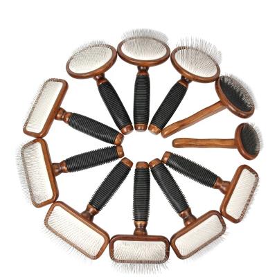 China Sustainable Wholesale Dark Wood Dog Grooming Brush Cat Hair Slicker Factory Brush With Long Soft Pins for sale