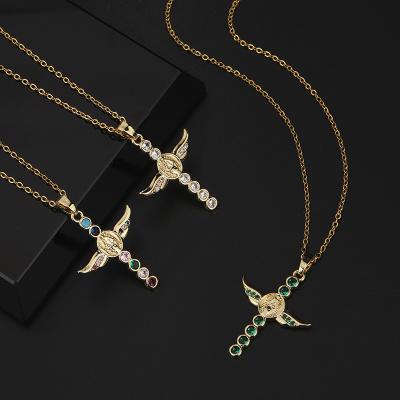 China Hot Selling Punk Angel Wing Choker Virgin Mary Cross Gold Plated Pendant Necklace For Christian Catholic Jewelry for sale