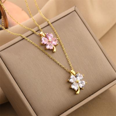 China New Arrival FASHIONABLE Crystal Clover Necklace Shiny Zircon Lucky Clover Pendant Necklace Women Stainless Steel for sale