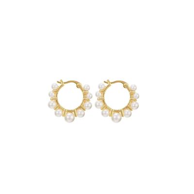 China Trendy Luxury Gold Plated Round Pearl Sunflower Pearl Huggie Earrings Simple Sweet Women for sale