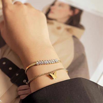 China Other Fashion Jewelry Gold Plated Zircon Butterfly Bracelets Layered Butterfly Stainless Steel Bracelets For Women for sale