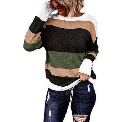 China Women's Color Block Breathable Oversized Round Neck Long Sleeve Knitted Sweater Pullover for sale