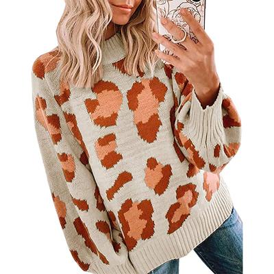 China Women's Casual Breathable Leopard Print Long Sleeve Crew Neck Knitted Oversized Pullover Sweaters Tops for sale