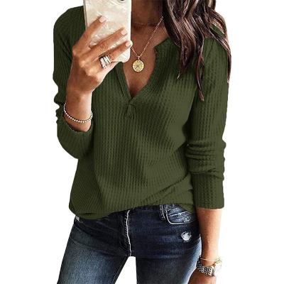 China Anti-pilling Women's V-Neckline Waffle Knit Henley Tops Casual Long Sleeve Pullover Sweater for sale