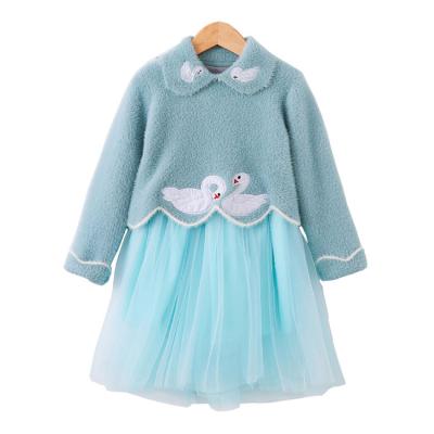 China 2019 Autumn Winter New Design Children's Swan Anti-wrinkle Pattern Long Sleeve Yarn Princess Dress Sweater Dress for sale