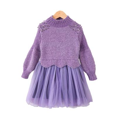 China 2019 Anti-wrinkle kids winter sweater dresses solid prom long sleeve lace dresses for babies for sale