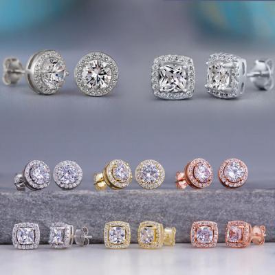 China Wholesale Classic Square Round Silver Rose Gold Plated Zircon Stud Earrings For Women CZ Stud Earrings Ear Stud for sale