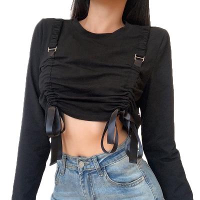 China New Low MOQ Design Anti Pilling Black Long Sleeve Crop Tops Women With Drawstring for sale