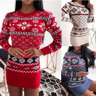 China 2021 China Factory Low MOQ Knitted Christmas Anti-Static Lozenge Long Sleeve Anti-Static Long Sleeve Dress For Women for sale