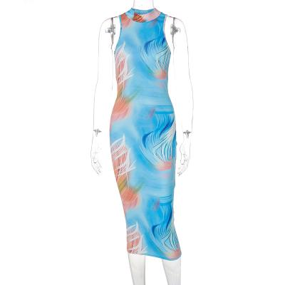 China 2021 Autumn Fashion Midi Dress Anti-Static Anti-Static Sleeveless Printing Backless For Ladies Long Tie Dye Dress for sale