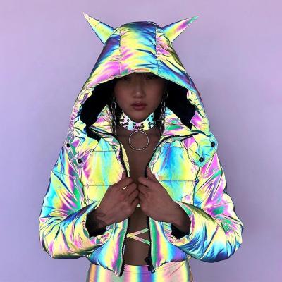 China Low MOQ Streetwear Hip Hop Rainbow China Factory Raincoat Women's Cotton-Filling Reflective Jacket for sale