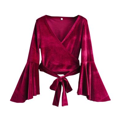 China OEM Anti-pilling Service Velvet Fabric Women's Blouse Rocket And Bell Sleeve Tops Velvet Tops For Women for sale