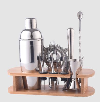 China 2019 Viable Amazon Hot Sale Stainless Steel Metal Cocktail Shaker Set Mini Bartender Kit With Wooden Stand for sale