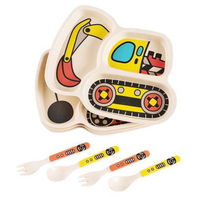 China Sustainable Popular Design Cartoon Engineering Vehicle Shape Bamboo Fiber Kids Tableware Dishes Dish Set for sale