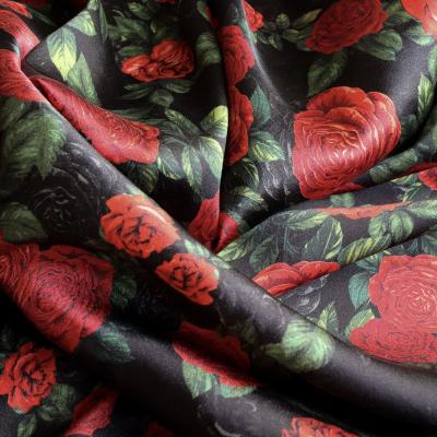 China Customization 16mm Metallic Stretch Satin Silk Digital Print - Blooming Pink on Black for sale