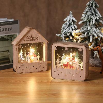 China New Wooden Christmas Decoration Home Decoration Santa Claus Cabin Painted Led Small Night Desk Lamp for sale