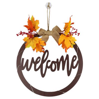 China Holiday Decorations Welcome Wooden Autumn Maple Leaf Wall Decoration Door Hanger Thanksgiving Harvest Festival Pendant With LED for sale