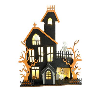 China Wooden Halloween Ornament LED Light Haunted House Pumpkin Tower Human Skeleton Home Office Decoration Halloween Ornament for sale