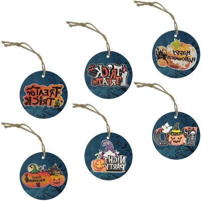 China 100% Eco-friendly Lasers Cutting 6 Pcs Round Cute Halloween Craft Wooden Halloween Hanging Ornaments For Home Decor Party Supplies for sale