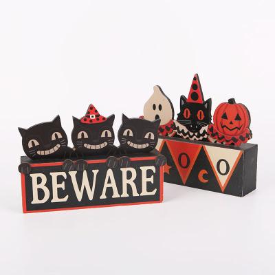 China 100% Eco-friendly Creative Wooden Night Cat Halloween Cat Halloween Table Top Home Decors Carnival for sale