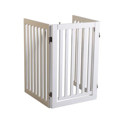 China Sustainable 3 Panel Dog Gate Wooden Foldable Freestanding Indoor Pet Gate with Walk Through Door 2Pcs Support Feet for sale