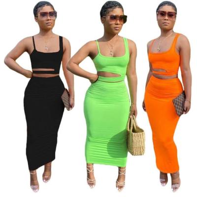 China Women's Wear Solid Color Leisure Home Style Breathable Hollow Skirt Set Two Piece Set for sale