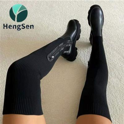 China Winter Fashion Long Solid Color Leather Women Boots High Leg Boots Breathable Women Shoes Knitted Above Knee High Heel for sale