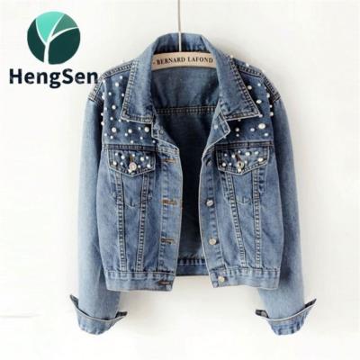 China Viable Large Size Mm Loose Beaded Coat Women's Denim Coat Diamond-Encrusted Women's Denim Coat Light Blue Jacket for sale