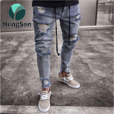 China Plus Size Fit Elastic Wash Pants With Holes High Street Thin Feet And Small Men'S Jeans for sale