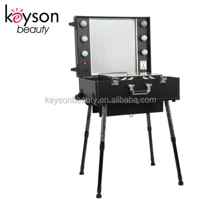 China Aluminum Keyson Trolley Case Makeup Artist with Light, Leg and Large Mirror for sale