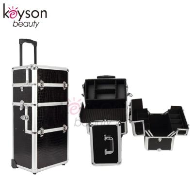 China 2 in 1 Hairdresser-Cases Keyson China Crocodile Makeup Train Tool Suitcase Rolling Aluminum Leather Case for sale