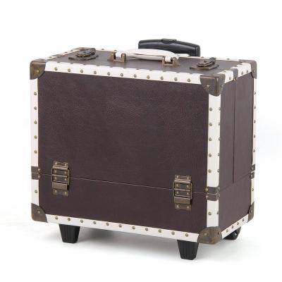 China Brown Fashionable European Style Private Label Trolley Retro Multilayer Cosmetic Make Up Case On Wheels for sale