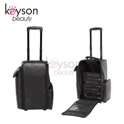 China Cosmetic Artist Use Keyson Makeup Rolling Case Soft Sided Nylon Trolley Makeup Case Beauty Case With Muiltiple PVC Pockets for sale