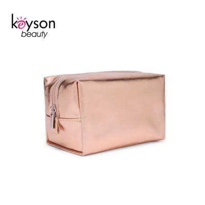 China Portable and See Through Plain Keyson Customs Printed Rose Gold Metallic PU Rectangular Cosmetic Bag for sale